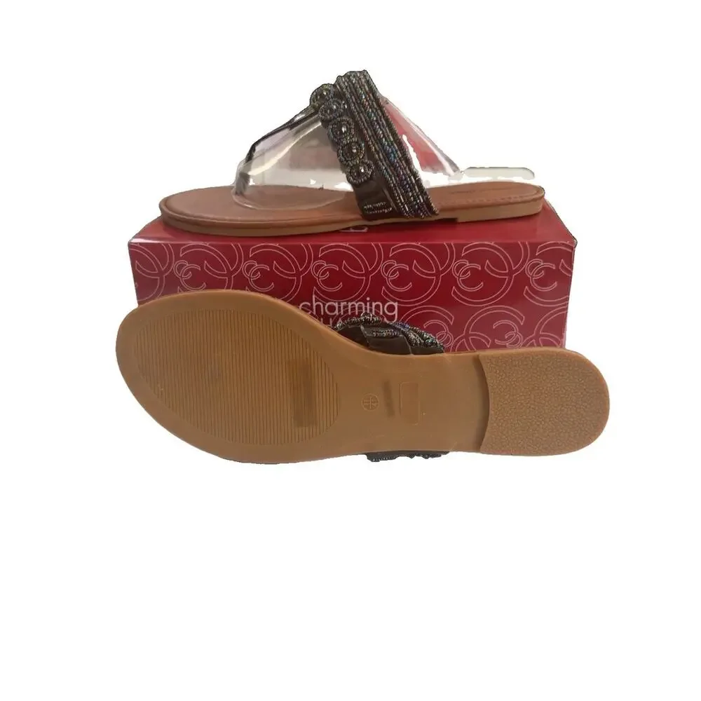 🆕Charming Charlie Beaded T-Strap Slip On Flat Sandals Womens 11 EU 41 Brown NIB